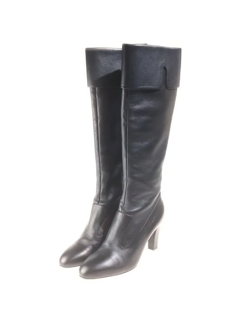 Chanel Leather Long Boots CC Logo Side Zip All Black